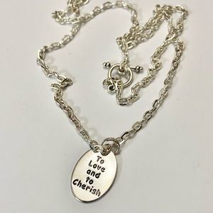 To Love and To Cherish, 1in x 1/2in Silver Tone Pendant Necklace